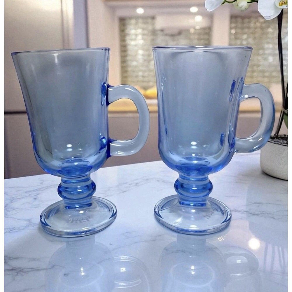 Pasabahce Blue Irish Coffee Glasses Set of 2 Footed Pedestal Latte Mugs 8 oz